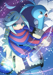 Rule 34 | 1boy, absurdres, altaria, blue eyes, blue hair, blue mittens, blue scarf, blue skin, colored skin, commentary request, creatures (company), eyelashes, game freak, gen 3 pokemon, grusha (pokemon), highres, holding, holding poke ball, jacket, looking at viewer, medium hair, mittens, nintendo, open mouth, parted bangs, poke ball, pokemon, pokemon (creature), pokemon sv, purple background, red scarf, refisa, scarf, sidelocks, snow, solid oval eyes, trap, two-tone scarf, v-shaped eyebrows, yellow jacket