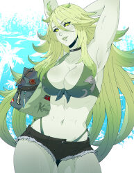 Rule 34 | 1girl, armpits, arms up, barbariccia, bikini, bikini under shorts, breasts, colored sclera, colored skin, commentary, cutoffs, english commentary, final fantasy, final fantasy xiv, green bikini, green hair, green lips, green sclera, green skin, highres, koyorin, large breasts, long hair, looking at viewer, micro shorts, navel, shorts, slit pupils, solo, swimsuit, very long hair, yellow eyes