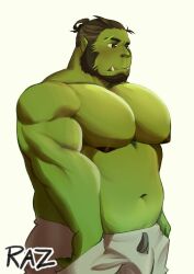 Rule 34 | 1boy, bara, beard, belly, blush, bulge, colored skin, cowboy shot, eyebrow cut, facial hair, fat, fat man, from side, full beard, green skin, grey pants, highres, large pectorals, looking ahead, male focus, mature male, monster boy, muscular, muscular male, nipples, orc, original, pants, pectorals, pointy ears, puffy chest, shaved body, short hair, shy, solo, tareme, thick beard, thick eyebrows, torazaki, tusks
