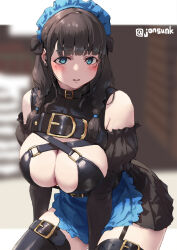 Rule 34 | 1girl, apron, aqua eyes, bare shoulders, black garter straps, black hair, black thighhighs, blue apron, blurry, blurry background, blush, breasts, commentary request, garter straps, jonsun, large breasts, looking at viewer, maid headdress, mole, mole under eye, original, parted lips, solo, tamami (jonsun), thick eyebrows, thighhighs, thighs, twitter username