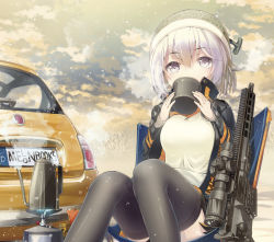 Rule 34 | 1girl, backpacking stove, bare tree, beanie, black jacket, black thighhighs, blush, brown hair, camping, can, chair, cloud, cloudy sky, commentary request, cup, day, drinking, feet out of frame, fiat 500, gradient hair, gun, hair between eyes, hat, high collar, holding, holding cup, jacket, license plate, long sleeves, looking at viewer, multicolored hair, nanaroku (fortress76), open clothes, open jacket, original, outdoors, popped collar, portable stove, purple eyes, purple hair, rifle, scope, shirt, short hair, sitting, sky, sniper rifle, snowing, solo, steam, thighhighs, tree, weapon, weapon request, white shirt, winter