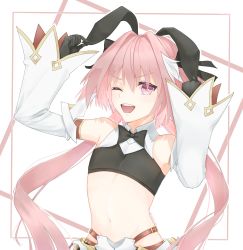 Rule 34 | 1boy, ;d, animal ears, artist name, astolfo (fate), astolfo (saber) (fate), bad id, bad pixiv id, bare shoulders, black bow, black gloves, black headwear, bow, commentary request, detached sleeves, fake animal ears, fate/grand order, fate (series), gloves, hair intakes, highres, long hair, low twintails, male focus, midriff, mizuki (s0511), multicolored hair, navel, one eye closed, open mouth, pink eyes, pink hair, rabbit ears, simple background, smile, solo, streaked hair, teeth, trap, twintails, upper body, white hair, wing collar