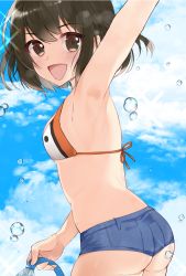 Rule 34 | 1girl, adapted costume, ass, bikini, bikini top only, black hair, blue sky, brown eyes, cloud, commentary request, cowboy shot, day, denim, denim shorts, from behind, highres, hose, kantai collection, looking at viewer, micro shorts, open mouth, orange bikini, outdoors, sendai (kancolle), sendai kai ni (kancolle), short hair, short shorts, shorts, sirom, sky, smile, solo, standing, swimsuit, water
