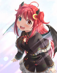 Rule 34 | 1girl, ahoge, bat hair ornament, blue eyes, blush, breasts, brown capelet, brown jacket, capelet, cleavage, commentary request, crescent, crescent hair ornament, demon girl, demon horns, demon wings, fangs, hair between eyes, hair ornament, haniwa (leaf garden), heterochromia, highres, horns, jacket, light particles, light rays, long hair, long sleeves, looking at viewer, neck ribbon, nijisanji, open mouth, red eyes, red hair, red ribbon, ribbon, sidelocks, simple background, skirt, small breasts, solo, swept bangs, two side up, virtual youtuber, white background, white skirt, wings, yuzuki roa