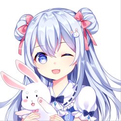 Rule 34 | 1girl, ;d, animal, blue eyes, blue hair, blue shirt, blush, bow, rabbit hair ornament, chuor (chuochuoi), commentary request, double bun, doughnut hair bun, fang, hair bow, hair bun, hair ornament, hair ribbon, head tilt, holding, holding animal, long hair, looking at viewer, one eye closed, open mouth, original, pink bow, pink ribbon, puffy short sleeves, puffy sleeves, rabbit, ribbon, shirt, short sleeves, simple background, smile, solo, white background