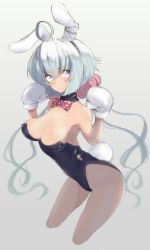 Rule 34 | 1girl, animal ears, black leotard, black pantyhose, bow, bowtie, breasts, cleavage, closed mouth, cropped legs, detached collar, fake animal ears, fake tail, frown, grey background, highleg, highleg leotard, highres, large breasts, leaning forward, leotard, long hair, looking at viewer, mittens, mityubi, pantyhose, playboy bunny, polka dot neckwear, purple eyes, rabbit ears, rabbit tail, red bow, red bowtie, senki zesshou symphogear, silver hair, solo, standing, strapless, strapless leotard, tail, twintails, very long hair, white mittens, yukine chris