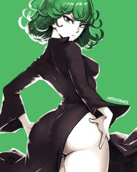 Rule 34 | 1girl, ass, breasts, collared dress, curly hair, curvy, dress, female focus, green background, green eyes, green hair, hands on own hips, huge ass, looking at viewer, matching hair/eyes, medium hair, miss faves, one-punch man, small breasts, solo, tatsumaki, thick thighs, thighs, wide hips