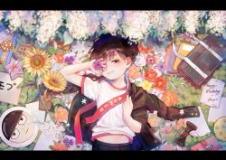 Rule 34 | 1boy, bad id, bad pixiv id, bag, black border, black hair, black jacket, blunt bangs, blush, border, box, buttons, child, flower, gift, gift box, grass, highres, holding, holding flower, jacket, kageyama shigeo, letterboxed, long sleeves, looking at viewer, lying, male focus, midriff, mob psycho 100, navel, on back, on grass, one eye covered, open clothes, open jacket, orange flower, outdoors, parted lips, red flower, rose, school bag, shirt, short hair, short sleeves, smile, solo, straight hair, sunflower, t-shirt, tamaki599, white flower, white shirt, yellow flower