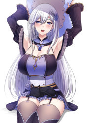 Rule 34 | 1girl, armpits, arms up, bare shoulders, blush, breasts, cat, detached sleeves, earrings, garter straps, hat, highres, holding, holding clothes, holding hat, jewelry, long hair, looking at viewer, on lap, open mouth, purple eyes, shino laila, silver hair, sitting, thighhighs, virtual youtuber, wactor production, xter, zettai ryouiki