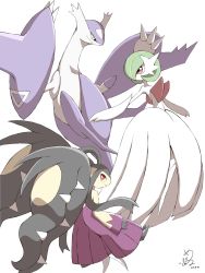 Rule 34 | claws, closed mouth, commentary request, creatures (company), dated, game freak, gardevoir, gen 3 pokemon, highres, latias, legendary pokemon, looking back, mawile, mega gardevoir, mega latias, mega mawile, mega pokemon, nintendo, outstretched arms, pokemon, pokemon (creature), red eyes, shabana may, signature, white background, yellow eyes