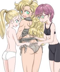 Rule 34 | aqua eyes, ass, ass grab, ayla (chrono trigger), bike shorts, blonde hair, blue eyes, blush, bra, breasts, chrono trigger, commentary request, girl sandwich, groin, long hair, looking back, lucca ashtear, marle (chrono trigger), multiple girls, panties, ponytail, s-a-murai, sandwiched, short hair, sports bra, topless, underwear, underwear only, wavy mouth, yuri