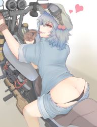 Rule 34 | 1girl, :d, ass, bad id, bad pixiv id, black panties, blue eyes, blue hair, brown gloves, butt crack, clothes pull, cube85, denim, denim jacket, denim shorts, gloves, goggles, goggles on headwear, grey headwear, grin, heart, highres, jacket, kawashiro nitori, leaning forward, motor vehicle, motorcycle, open clothes, open jacket, open mouth, panties, short hair, short sleeves, shorts, shorts pull, smile, solo, touhou, two side up, underwear, whale tail (clothing)