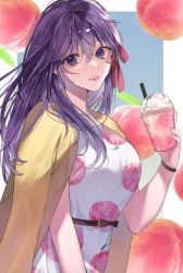Rule 34 | 1girl, black bow, bow, breasts, brown jacket, commentary request, dress, drinking straw, fate/stay night, fate (series), food, fruit, hair between eyes, hair ribbon, hand up, highres, holding, jacket, large breasts, long hair, looking at viewer, matou sakura, peach, purple eyes, purple hair, red ribbon, ribbon, shimatori (sanyyyy), smile, solo, teeth, upper body, white dress
