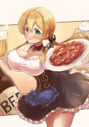 Rule 34 | 1girl, alcohol, alternate costume, anchor hair ornament, beer, beer mug, black skirt, blonde hair, breasts, commentary request, cowboy shot, cup, dirndl, food, frilled skirt, frills, german clothes, green eyes, hair ornament, highres, holding, kantai collection, large breasts, long hair, mug, prinz eugen (kancolle), shirt, skirt, solo, twintails, white shirt, yomitsuna