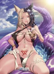 Rule 34 | 1girl, animal ears, black hair, blonde hair, blue eyes, blue sky, bracelet, breasts, cloud, cloudy sky, flower, food, fox girl, gold, highres, ice cream, ice cream cone, jewelry, large breasts, lifebuoy, lips, long hair, looking at viewer, mad kimo, multicolored hair, navel, covered erect nipples, o-ring, ocean, original, pubic tattoo, rose, sky, smile, swim ring, tail, tattoo, teeth, thighs, two-tone hair, underboob, water, white flower, white rose