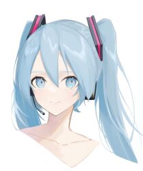 Rule 34 | 1girl, blue eyes, blue hair, collarbone, commentary, cropped shoulders, hair ornament, hatsune miku, headphones, headset, koko niiru, long hair, looking up, making-of available, portrait, smile, solo, twintails, vocaloid, white background