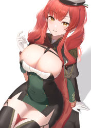 Rule 34 | 1girl, absurdres, azur lane, black thighhighs, blush, breasts, cleavage, closed mouth, dress, from above, gloves, hai maker, hand up, hat, highres, large breasts, long hair, long sleeves, looking at viewer, red hair, smile, solo, thighhighs, thighs, twintails, two-tone dress, white background, white gloves, yellow eyes, zara (azur lane)