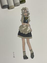 Rule 34 | 1girl, alternate footwear, apron, art tools in frame, black footwear, blue dress, blue eyes, bow, bowtie, braid, collared dress, dress, frilled skirt, frills, full body, green bow, green bowtie, grey hair, hair over one eye, hand on own arm, head tilt, highres, izayoi sakuya, looking at viewer, maid apron, maid headdress, marker, marker (medium), medium hair, photo (medium), puffy short sleeves, puffy sleeves, shiratama (hockey), shoes, short sleeves, signature, skirt, smile, sneakers, socks, solo, standing, touhou, traditional media, twin braids, waist apron, white apron, white socks