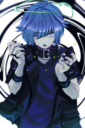 Rule 34 | 1boy, :o, absurdres, ahoge, bandaid, bandaid on cheek, bandaid on face, belt collar, blue eyes, blue hair, collar, distortion, hair flaps, halo, hands up, head down, heart, heart-shaped pupils, highres, jacket, jewelry, looking at viewer, looking up, male focus, multiple rings, nail polish, open mouth, original, pokopokotarou1, ring, short hair, short sleeves, sparkle, sweat, symbol-shaped pupils, v-neck, wristband