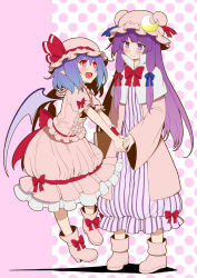 Rule 34 | 2girls, aqua hair, bat wings, blue hair, blush, boots, bow, capelet, crescent, dress, eichi yuu, fang, female focus, frilled dress, frills, gradient hair, holding hands, hat, hat ribbon, long hair, long sleeves, mob cap, multicolored hair, multiple girls, open mouth, patchouli knowledge, pink dress, pink footwear, puffy sleeves, purple dress, purple eyes, purple hair, red bow, red eyes, red ribbon, remilia scarlet, ribbon, short hair, short sleeves, touhou, wide sleeves, wings
