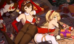 Rule 34 | 2girls, absurdres, alternate costume, amber (genshin impact), ass, bad id, bad pixiv id, bare shoulders, bikini, blonde hair, blush, breasts, brown eyes, brown hair, christmas, christmas ornaments, crossed bangs, dated, elbow gloves, embarrassed, fischl (genshin impact), from behind, frown, genshin impact, gloves, green eyes, hair over one eye, hat, highres, huge filesize, leotard, long hair, looking at viewer, multiple girls, one eye closed, open mouth, pantyhose, santa costume, santa hat, shiny clothes, shiny skin, sideboob, skindentation, swimsuit, thighhighs, very long hair, white legwear, wince, wooden floor, y0ung