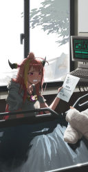 Rule 34 | 1boy, 1girl, absurdres, ahoge, bed, blonde hair, blush, cast, dragon girl, dragon horns, dress, fang, furrowed brow, grey dress, head bump, highres, holding, holding paper, hololive, horns, hospital, hospital bed, infirmary, jewelry, keyboard (computer), kiryu coco, long hair, looking at another, monitor, multicolored hair, open mouth, orange hair, out of frame, paper, pendant, pointing, pointing at another, pointy ears, raised eyebrows, receipt, reflection, solo focus, streaked hair, torn clothes, torn dress, virtual youtuber, window, worried, xiaoju xiaojie, yagoo