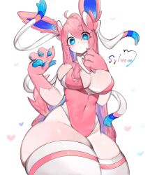 Rule 34 | 1girl, animal ears, animal hands, bare hips, blue eyes, blue hair, blush, breasts, cleavage, colored skin, creatures (company), furry, furry female, game freak, gen 6 pokemon, gluteal fold, heart, heart-shaped pupils, highres, inner sideboob, large breasts, leotard, long hair, looking at viewer, multicolored hair, nintendo, pink fur, pink hair, pink leotard, pink skin, pokemon, pokemon (creature), ribbon, sideboob, sylveon, symbol-shaped pupils, tail, thick thighs, thighhighs, thighs, togetoge, very long hair, white thighhighs, wide hips