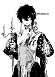 Rule 34 | 1boy, artist name, candle, collarbone, commentary, corset, dress, hair between eyes, highres, holding candle stand, ksnbp666, monochrome, no nose, original, puffy sleeves, scar, short hair, simple background, solo, standing, symbol-only commentary