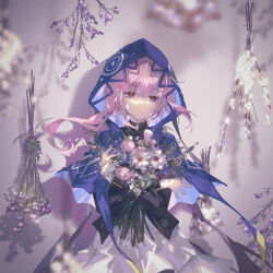 Rule 34 | 1girl, blue eyes, bouquet, capelet, dress, expressionless, floating hair, flower, highres, holding, holding bouquet, hood, hood up, hooded capelet, kaf (kamitsubaki studio), kamitsubaki studio, kiduki, long hair, long sleeves, multicolored eyes, parted lips, pink hair, ponytail, shadow, solo, upper body, virtual youtuber, yellow pupils