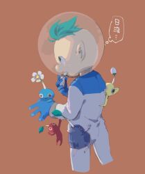 Rule 34 | 1boy, 2donemuru, alph (pikmin), aqua hair, big nose, black eyes, black skin, blue gloves, blue pikmin, blue skin, brown background, bud, clinging, colored skin, commentary request, cowboy shot, flower, from behind, gloves, helmet, holding, holding whistle, leaf, looking ahead, male focus, nintendo, no mouth, pikmin (creature), pikmin (series), pikmin 3, pointy ears, red pikmin, red skin, rock, rock pikmin, short hair, simple background, space helmet, spacesuit, speech bubble, translation request, triangle mouth, very short hair, whistle, whistling, white flower, yellow pikmin, yellow skin