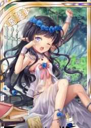 Rule 34 | 1girl, age regression, akkijin, armpits, black hair, blue flower, blue rose, book, breasts, card (medium), chair, cleavage, dress, elf, flower, garden, gauntlets, head wreath, long hair, official art, one eye closed, open book, petals, pointy ears, purple eyes, rose, rose bush, rose petals, see-through, shinkai no valkyrie, sitting, small breasts, tree, waking up, white dress, yawning, aged down