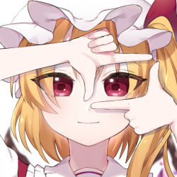 Rule 34 | 1girl, blonde hair, blurry, blurry background, closed mouth, depth of field, eringi (rmrafrn), finger frame, flandre scarlet, hair between eyes, hands up, hat, light smile, long hair, looking at viewer, mob cap, one side up, portrait, red eyes, simple background, solo, symbol-shaped pupils, touhou, white background, white hat, wings