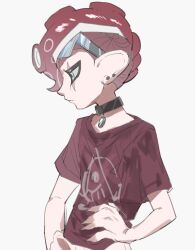 Rule 34 | 1boy, black collar, blue eyes, closed mouth, collar, commentary request, ear piercing, goggles, goggles on head, hand on own hip, highres, kiwi splatoon, male focus, mohawk, nintendo, octoling, octoling boy, octoling player character, piercing, print shirt, red hair, red shirt, scar, scar across eye, shirt, short hair, simple background, solo, splatoon (series), splatoon 3, tentacle hair, upper body, white background