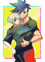 Rule 34 | 2boys, androgynous, black pants, black shirt, border, character name, copyright name, galo thymos, green hair, grin, highres, lio fotia, lukiarab, male focus, multiple boys, oversized clothes, oversized shirt, pants, promare, purple eyes, shared clothes, shared shirt, shirt, short hair, smile, thumbs up, v, yaoi, yellow background