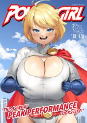 Rule 34 | 1girl, belt, blonde hair, blue eyes, blue gloves, blue sky, breasts, breasts squeezed together, building, cape, cleavage, cleavage cutout, clothing cutout, cloud, cloudy sky, dc comics, english text, gloves, highleg, highleg leotard, highres, huge breasts, leotard, looking at viewer, lulu-chan92, open mouth, outdoors, power girl, red belt, red cape, shadow, short hair, sky, smile, solo, superman (series), twitter username, white leotard