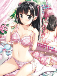 Rule 34 | 1girl, basket, black eyes, black hair, blue bra, blue panties, bow, bow bra, bow panties, bra, breasts, cleavage, closed mouth, collarbone, curtains, dengeki moeou, eyebrows, floral print, flower basket, fujima takuya, groin, hair bow, hair ornament, hands up, highres, holding, holding bra, holding clothes, holding underwear, kneehighs, lace, lace-trimmed bra, lace trim, lingerie, looking at viewer, medium breasts, mirror, multiple panties, original, panties, pink bra, pink lips, pink panties, plaid, plaid bra, plaid panties, plant, polka dot, polka dot bra, polka dot panties, reflection, side-tie panties, sitting, smile, socks, solo, stomach, striped clothes, striped panties, topless, tree, twintails, underwear, underwear only, unworn bra, unworn panties, vertical-striped clothes, vertical-striped panties, wariza, white socks, window