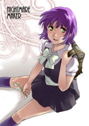 Rule 34 | 1girl, bag, bow, character request, cuvie, female focus, flower, gradient background, highres, kneehighs, lily of the valley, looking up, nightmare maker, open mouth, purple hair, purple socks, school bag, school uniform, shirt, short hair, short sleeves, sitting, skirt, smile, socks, solo, vest, white background, yellow eyes