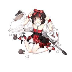 Rule 34 | 1girl, anti-materiel rifle, arms up, bare shoulders, blush, bow, brown hair, damaged, detached sleeves, dress, full body, girls&#039; frontline, gun, hair bow, hair ornament, high heels, long sleeves, looking at viewer, m99 (girls&#039; frontline), m99 (white rabbit summer banquet) (girls&#039; frontline), official alternate costume, official art, open mouth, pantyhose, purple eyes, rabbit, red bow, red footwear, rifle, saru, shoes, short hair, sitting, sniper rifle, solo, tears, thigh strap, torn clothes, torn dress, torn pantyhose, torn sleeves, transparent background, weapon, white pantyhose, zijiang m99