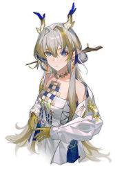 Rule 34 | 1girl, arknights, bare shoulders, blue eyes, breasts, choker, commentary, grey hair, highres, horns, jacket, jewelry, long hair, long sleeves, looking at viewer, necklace, off shoulder, pointy ears, sabaku (phez2387), shu (arknights), simple background, small breasts, solo, strapless, tube top, upper body, very long hair, white background, white jacket