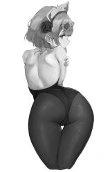 Rule 34 | 1girl, absurdres, ass, ass focus, back cutout, bad id, bad twitter id, bare shoulders, black leotard, black pantyhose, braid, clothing cutout, dated commentary, facing away, flower, genshin impact, grabbing own arm, greyscale, hair flower, hair ornament, highres, leotard, leviathan (hikinito0902), looking at viewer, looking back, maid headdress, monochrome, noelle (genshin impact), pantyhose, rose, short hair, simple background, sleeveless, solo, thigh gap, thighs, white background