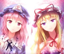 Rule 34 | 2girls, backlighting, bad id, bad pixiv id, black ribbon, blonde hair, blue headwear, blurry, breasts, cherry blossoms, choker, cleavage, depth of field, dress, floral print, frilled shirt collar, frills, gloves, hair between eyes, half-closed eyes, hand up, hat, hat ribbon, japanese clothes, kimono, lace, lace-trimmed dress, lace trim, leaning to the side, long hair, long sleeves, looking at viewer, minust, mob cap, multiple girls, neck ribbon, pink eyes, pink hair, purple dress, purple eyes, purple pupils, red pupils, red ribbon, ribbon, ribbon-trimmed collar, ribbon choker, ribbon trim, saigyouji yuyuko, see-through, smile, touhou, triangular headpiece, upper body, veil, very long hair, white gloves, white headwear, yakumo yukari