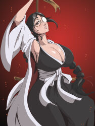 Rule 34 | 1girl, absurdres, agrothewanderer, arm up, black kimono, bleach, bleach: sennen kessen-hen, breasts, cleavage, female focus, glasses, highres, huge breasts, japanese clothes, katori batsuunsai, kimono, long hair, looking at viewer, ponytail, solo