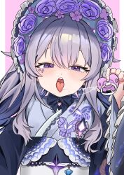 Rule 34 | 1girl, absurdres, animal print, artist request, blush, bonnet, butterfly print, gem, grey hair, highres, hololive, hololive english, japanese clothes, jewel under eye, kimono, koseki bijou, koseki bijou (new year), looking at viewer, naughty face, open mouth, pacifier, purple eyes, ribbon, saliva, saliva trail, sexually suggestive, tongue, tongue out, virtual youtuber