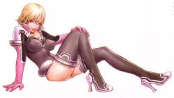 Rule 34 | 1girl, arm support, ass, black thighhighs, blonde hair, blue eyes, boots, breasts, breasts apart, covered erect nipples, elbow gloves, eyelashes, from side, full body, gloves, green eyes, grey thighhighs, high collar, high heel boots, high heels, highres, impossible clothes, impossible shirt, invisible chair, large breasts, leotard, lipstick, makeup, original, parted bangs, reclining, roxanne, scan, shirt, shoes, short hair, simple background, sitting, skin tight, smile, solo, thigh boots, thighhighs, thighs, white background, yamashita shun&#039;ya