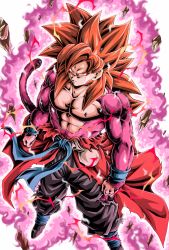 Rule 34 | 1boy, aura, big hair, body fur, bracelet, closed mouth, commentary request, dragon ball, dragon ball heroes, floating rock, gogeta, highres, jewelry, looking at viewer, male focus, muscular, pectorals, pink fur, red hair, serious, solo, son goku, son goku (xeno), spiked hair, standing, super saiyan, super saiyan 4, super saiyan god, torn clothes, yellow eyes, young jijii
