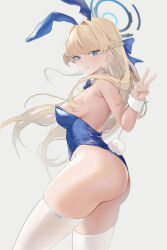 Rule 34 | 1girl, absurdres, animal ears, ass, bare arms, bare shoulders, blonde hair, blue archive, blue bow, blue bowtie, blue eyes, blue leotard, blush, bow, bowtie, breasts, closed mouth, detached collar, fake animal ears, fake tail, from side, hair ornament, halo, hand up, highres, large breasts, leotard, long hair, looking at viewer, looking to the side, playboy bunny, r1meo, rabbit ears, rabbit tail, simple background, skindentation, tail, thighhighs, thighs, toki (blue archive), toki (bunny) (blue archive), v, white thighhighs, wrist cuffs
