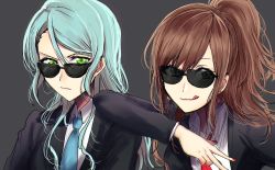Rule 34 | 2girls, aqua hair, arm on another&#039;s shoulder, bang dream!, brown hair, earrings, formal, green eyes, grey background, hikawa sayo, imai lisa, jewelry, licking lips, long hair, looking at viewer, multiple girls, nail polish, necktie, ponytail, raikou104, scowl, simple background, suit, sunglasses, tongue, tongue out