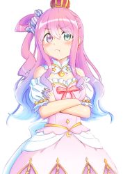 Rule 34 | 1girl, blush, can&#039;t be this cute, candy hair ornament, commentary request, creator connection, crossed arms, crown, dress, food-themed hair ornament, hair between eyes, hair ornament, hair rings, highres, himemori luna, himemori luna (1st costume), hololive, ichinoseivu, long hair, looking at viewer, pink hair, pout, simple background, solo, virtual youtuber, white background