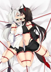 Rule 34 | 2girls, animal ear fluff, animal ears, asymmetrical docking, ball gag, bare legs, bare shoulders, barefoot, bdsm, black hair, black shirt, black shorts, bondage, bound, bound together, breast press, breasts, commentary request, crop top, detached sleeves, forced partners, fox ears, gag, gagged, highres, hololive, kurokami fubuki, large breasts, long hair, midriff, multiple girls, navel, red eyes, rope, shared gag, shirakami fubuki, shirakami fubuki (1st costume), shirt, short shorts, shorts, stomach, thighs, very long hair, virtual youtuber, white hair, white shirt, wiffle gag, yasume yukito