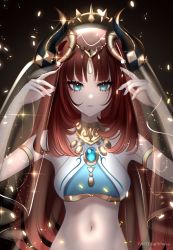 Rule 34 | 1girl, 707arisu, armlet, blue nails, breasts, crop top, forehead jewel, genshin impact, hands up, harem outfit, highres, horns, index finger raised, looking at viewer, medium breasts, nail polish, navel, nilou (genshin impact), parted bangs, red hair, see-through, shirt, sleeveless, sleeveless shirt, solo, stomach, tiara, twitter username, upper body, veil, white shirt